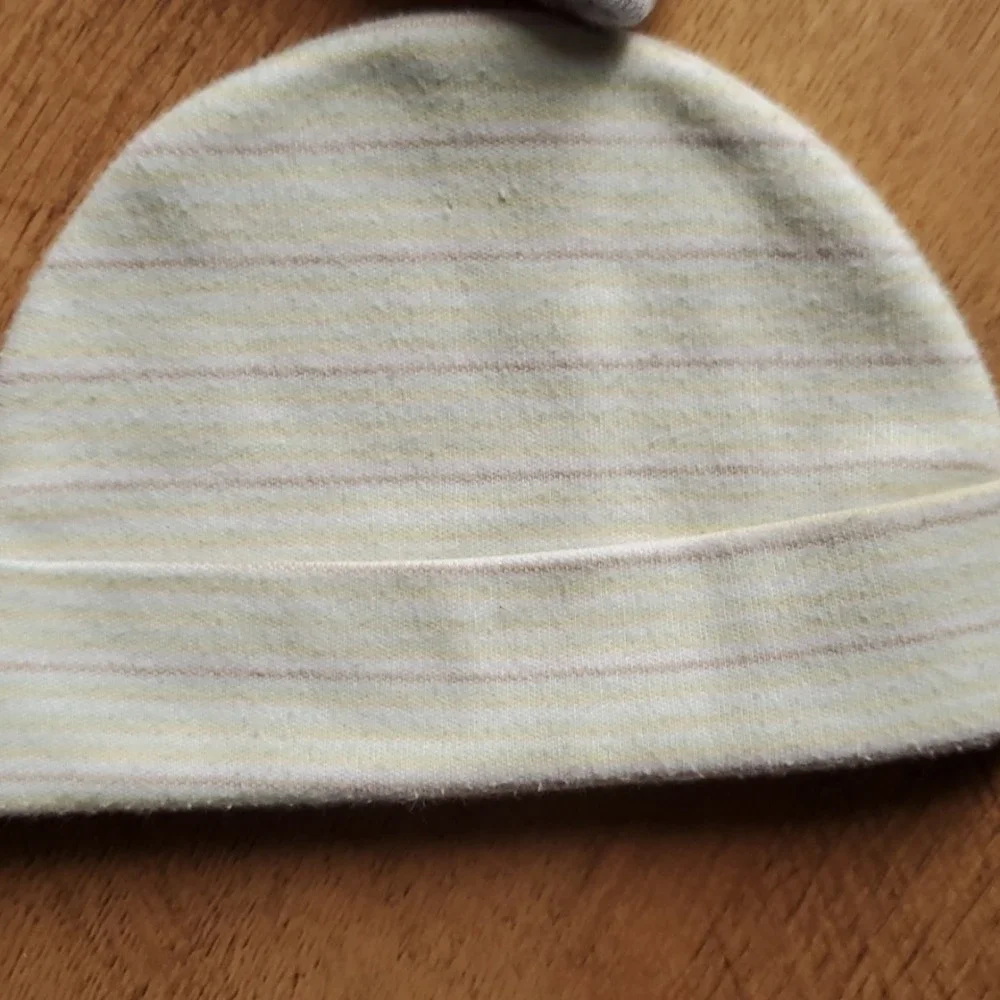3 Pack Girl Infant Hats Pink Hearts, Grey Stripe with ears,‎ Yellow Green Stripe